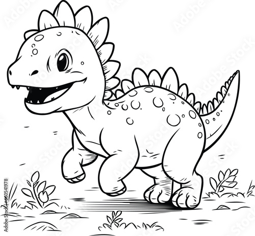 Cartoon dinosaur running on the grass. Vector illustration for children.