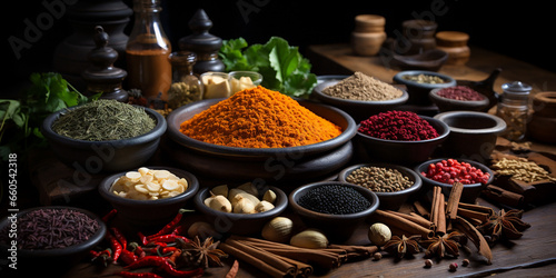 Various colorful traditional Indian and Sri Lankan food Ariel recipe of spices and curry powders in dishes and bowls 
