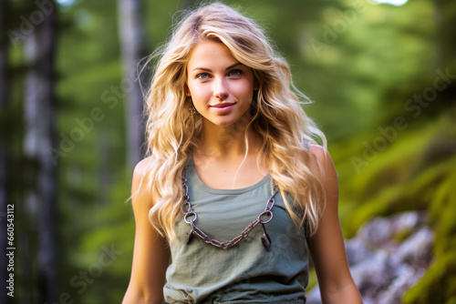 Enchanting young blonde in a tank top exploring a sun-drenched Nordic forest in summer.