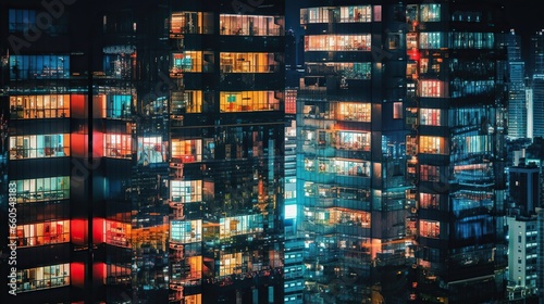background of Japanese office Building lights at night and urban night skyline.