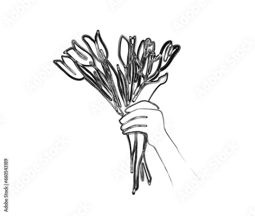 Minimal hand holding bouquet of flowers. illustration. Simple bouquet of flowers in stylized ink brush drawing vector design.