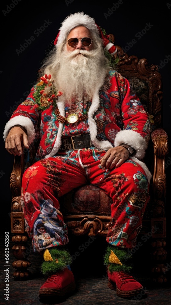 Santa claus sitting in armchair wearing sunglasses.