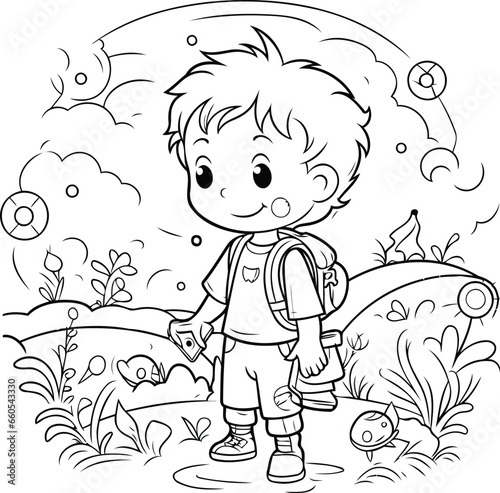 Coloring Page Outline Of a Cute Little Boy with Backpack