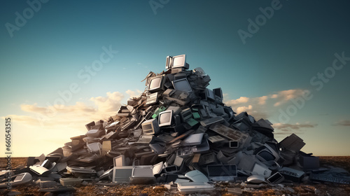 Huge pile of e-waste waiting to be recycled, recycling waste concept helps preserve environment. photo