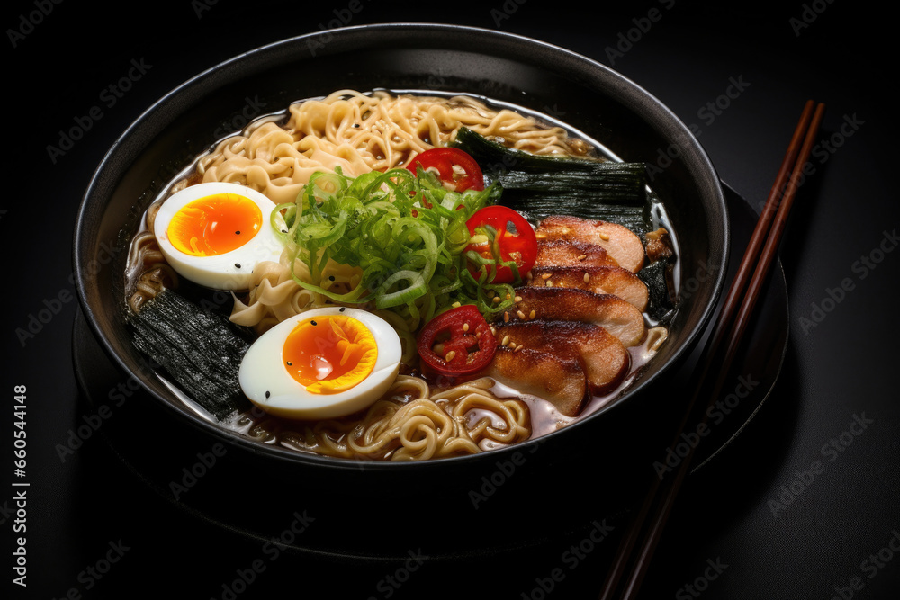 Japanese ramen soup with noodles on dark background. Traditional Asian cuisine