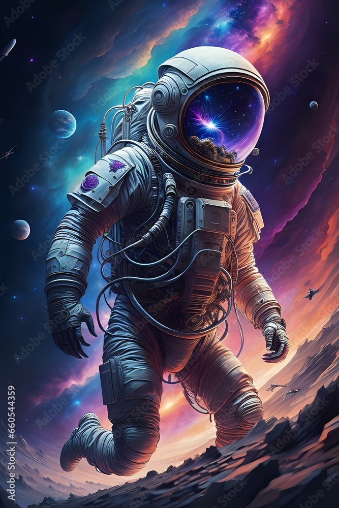 an astronaut floating with background planets