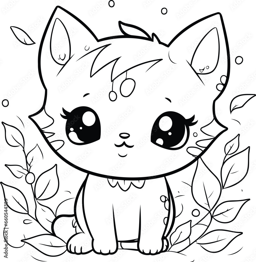 Cute cartoon cat with flowers and leaves. Vector illustration for coloring book.