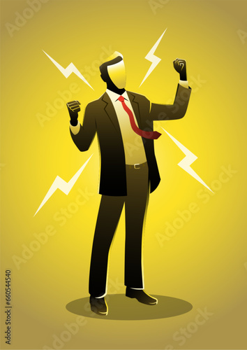 An energized businessman standing in vigourous pose