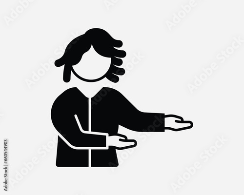 Woman Showing Gesture Icon Girl Female Invite Welcome Show Usher Stick Figure Hand Point Pointing Black White Line Outline Shape Sign Symbol EPS Vector