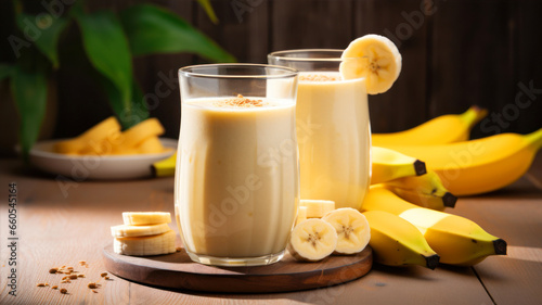 Banana smoothie in a glass and fresh bananas on a wooden background