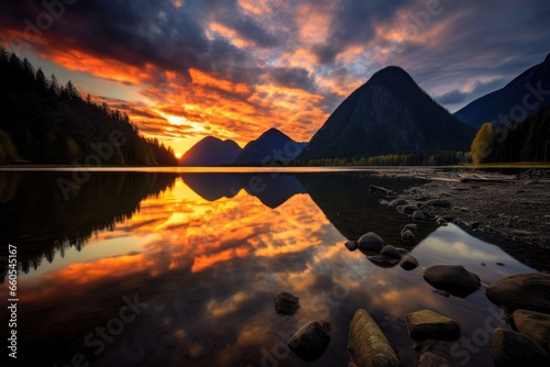 Mirrored mountain lake at sunset