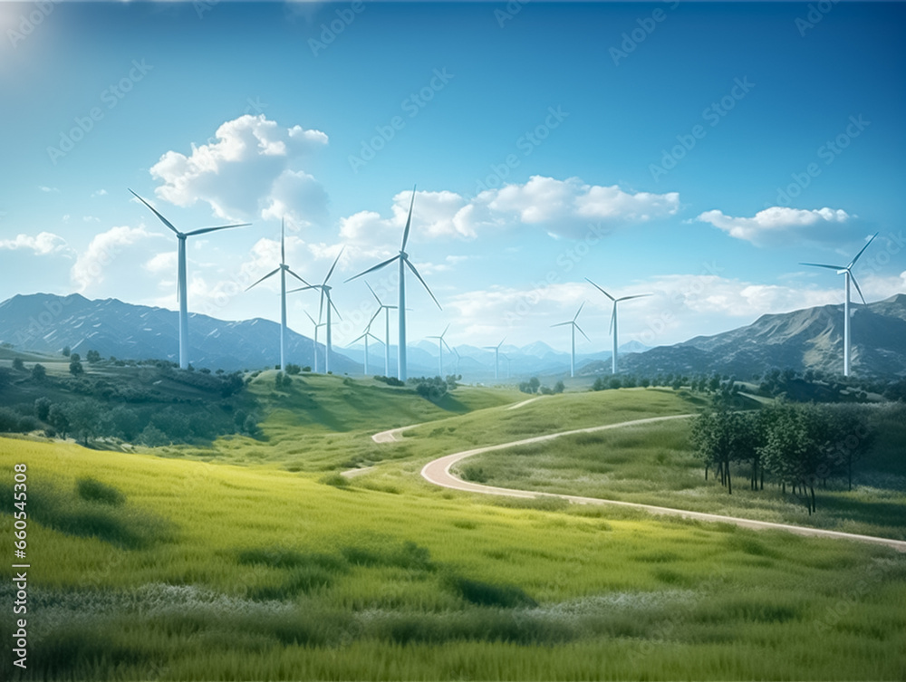 Large wind turbines produce electricity. Wind turbine fields produce electricity. Alternative energy and clean energy concept. Environmental protection.