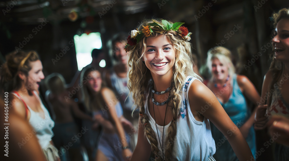 Joyful blonde woman in festive attire dancing at a traditional midsummer maypole celebration.