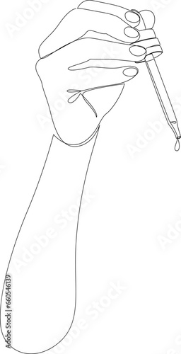 Continuous one line drawing of hand holding glass pipette. Cosmetics, oils or medical drops. Skin care concept drawn by single line. Vector illustration.