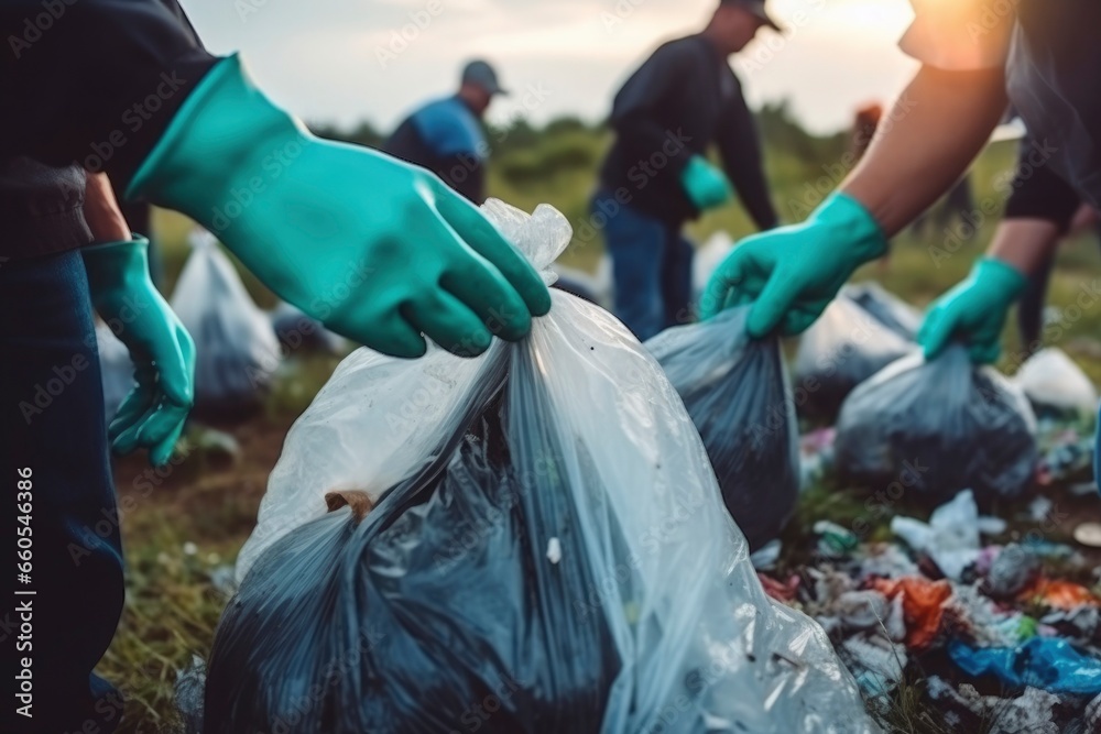 Close-up of gloved hands of volunteers collecting garbage into bags from the ground, in the forest, in the field, in nature. Ecological disaster, problem, pollution of the globe. Environmental protect Close-up of gloved hands of volunteers collecting garbage into bags from the ground, in the forest, in the field, in nature. Ecological disaster, problem, pollution of the globe. Environmental protect