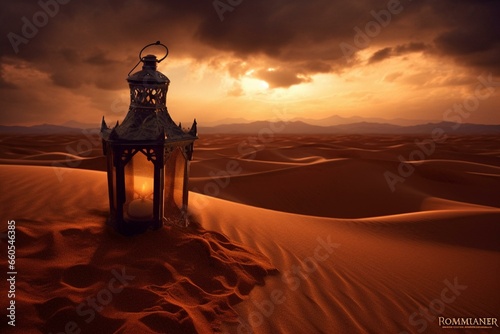 Canvas Print Lantern in arid expanse; Ramadan greetings; Artistic depiction