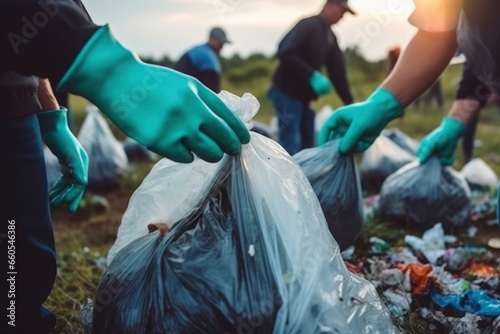 Close-up of gloved hands of volunteers collecting garbage into bags from the ground, in the forest, in the field, in nature. Ecological disaster, problem, pollution of the globe. Environmental protect