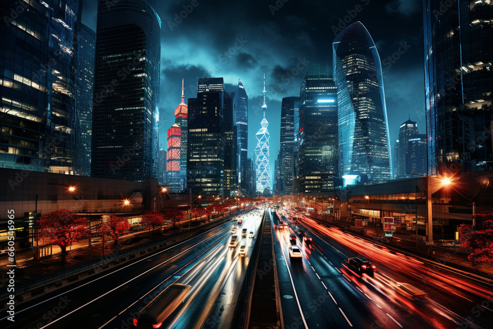 Obraz premium Driving along a bustling urban expressway, the concrete jungle of skyscrapers and billboards flanks a never-ending line of vehicles, creating a mesmerizing perspective of the city' 