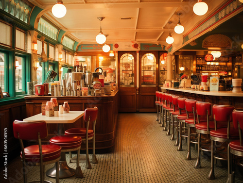 An image of a charming, 1950s-style vintage restaurant with rustic, raw aesthetics.