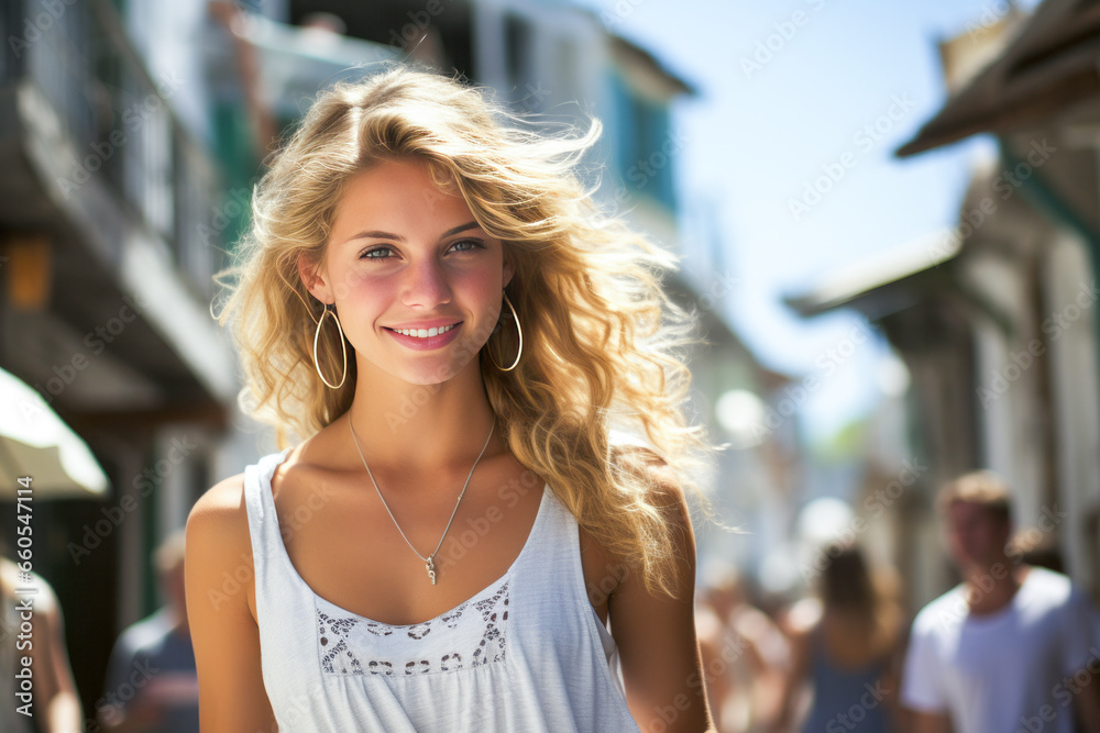 Charming young blonde woman strolling in traditional Greek island village streets.