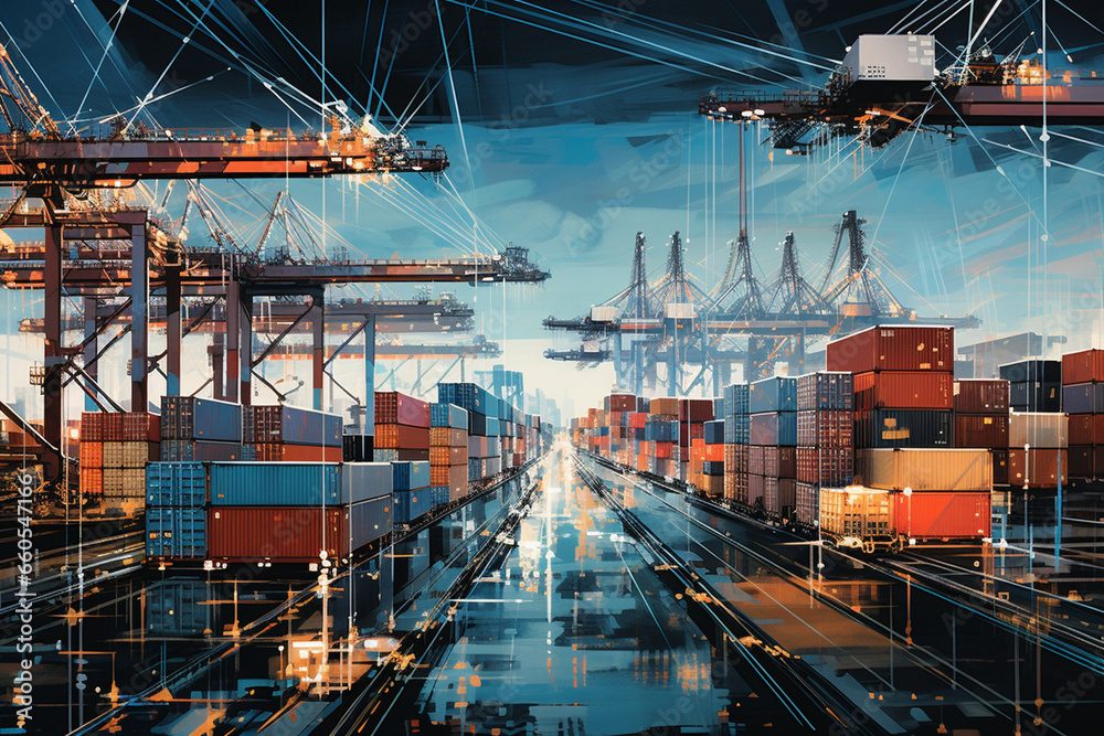 At a bustling shipping terminal, containers are interconnected by a vibrant web of lines, symbolizing the flow of goods and data in the advanced port operations of the digital age. 