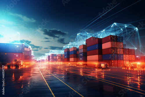 At a next-generation cargo terminal, an array of containers is interconnected by a vibrant matrix of lines, illustrating the seamless communication and coordination of global suppl 