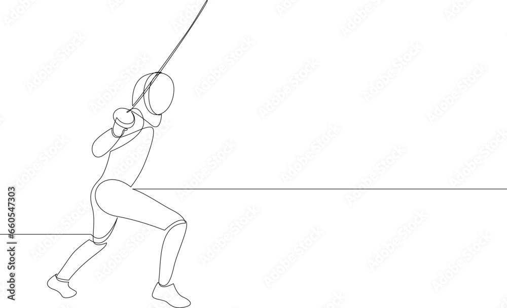 One single line drawing of man fencer athlete in fencing costume exercising motion. Sport concept. Modern continuous line draw design for combative and fighting sport poster. Vector illustration. One single line drawing of man fencer athlete in fencing costume exercising motion. Sport concept. Modern continuous line draw design for combative and fighting sport poster. Vector illustration.