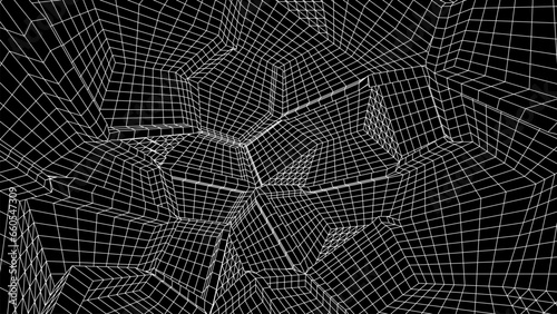 Geometric grid background with 80s styled mesh. Cyberpunk abstract background with retro computer grid.