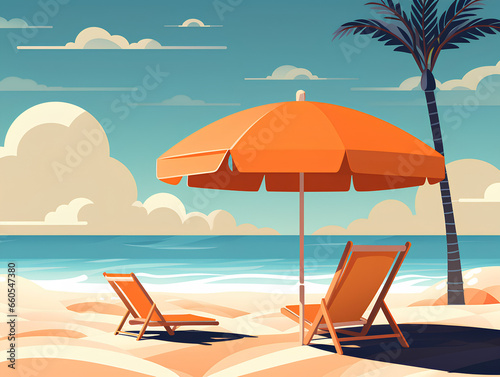 Painting fMinimalist illustration for summer travel with beautiful sea and beach.or use as a background in summer