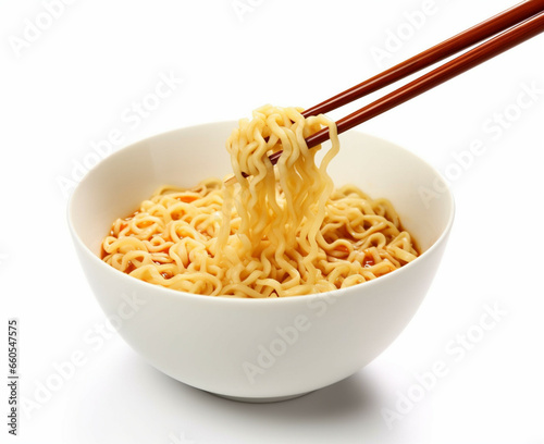 Instant noodles in a bowl with chopsticks isolated on white background.