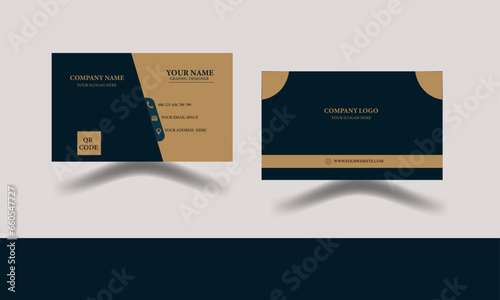 Double-sided Creative and Clean Business Card Template.Print ready Luxury and elegant business card design with abstract golden wavy and dark green.
