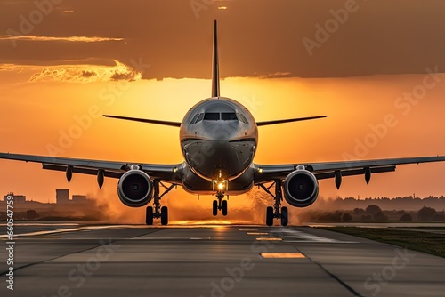 Skyward bound. Jetting into sunrise. Commercial aviation adventure. Journey beyond clouds. Aircraft in motion. Departure and arrival. Sunset silhouette. Modern air travel