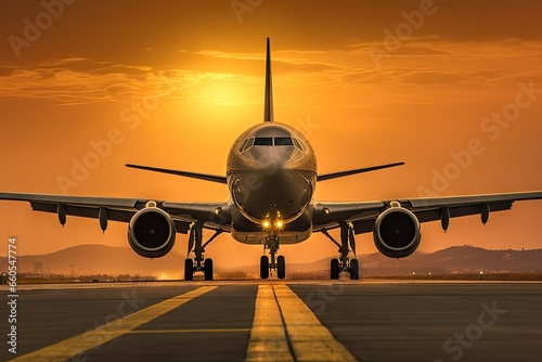 Skyward bound. Jetting into sunrise. Commercial aviation adventure. Journey beyond clouds. Aircraft in motion. Departure and arrival. Sunset silhouette. Modern air travel