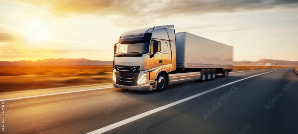 Cargo truck driving with high speed in motion, blurry lights street road background highway, Goods Delivery, Services and Transport logistics, Lorry driven