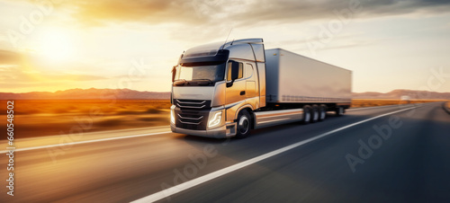 Cargo truck driving with high speed in motion, blurry lights street road background highway, Goods Delivery, Services and Transport logistics, Lorry driven