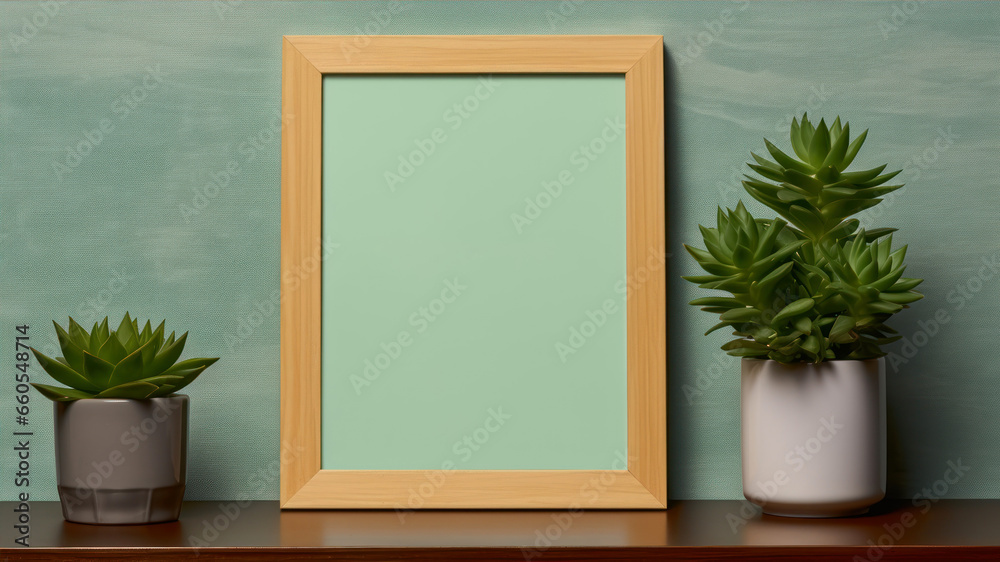 Wooden frame mockup with succulent plant. 3d render Wooden frame mockup with succulent plant. 3d render