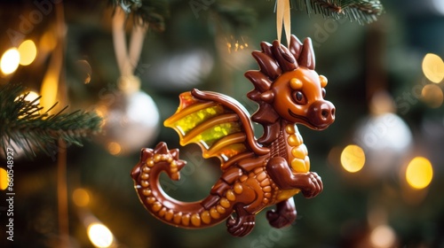Cute toy dragon Christmas tree decoration on Christmas background bokeh