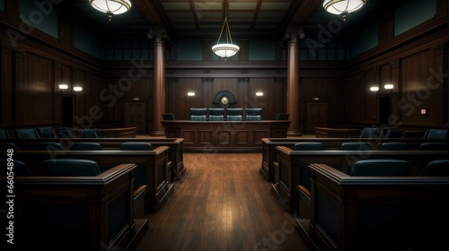  ourtroom interior. Empty Courthouse room interior. Law and Justice concept