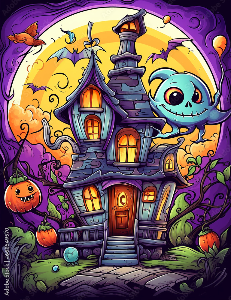 kids illustration, bats and funny monsters, old house in the background Halloween created with Generative Ai