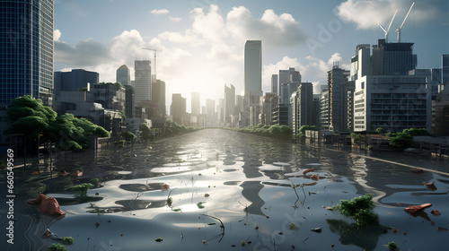 City destroyed by climate change, global disaster concept.