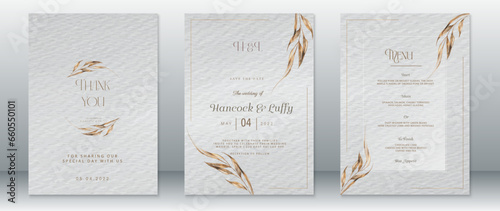 Golden wedding invitation card template luxury design with gold nature leaf frame and watercolor background