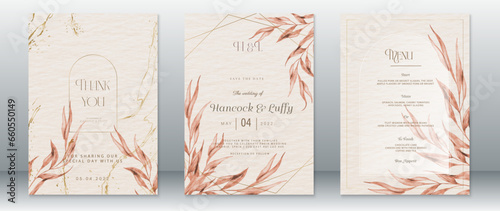 Wedding invitation card template luxury gold design with nature leaf and watercolor background