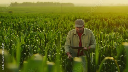 Agronomist Man Examining Green Plants In Field In Summer, Portrait Of Farmer With Tablet, Farmworker photo