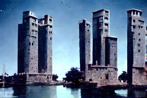 city of Dorothea four aluminum towers rise from its walls flanking seven gates with spring operated drawbridges that span the moat whose water feeds four green canals which cross the city dividing  photo
