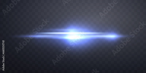 Blue horizontal lens flare. Isolated on transparent background. Sun flash with rays or spotlight and bokeh. Glow flare light effect. Vector illustration.