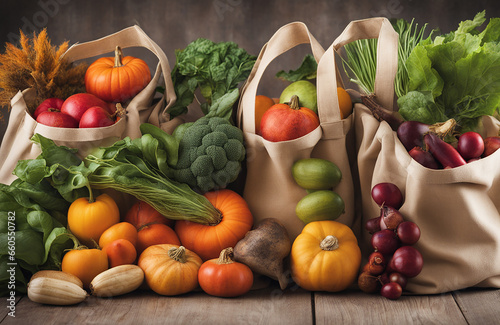 Reusable shopping bags filled with autumn harvest produce, Sustainable living