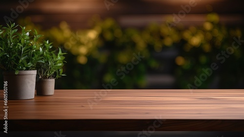 Wooden table in a dimly lit room with blurred white wall