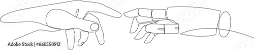 Continuous line drawing of human hand touch robot hand. Artificial intelligence concept outline illustration.