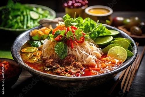 Spicy asian noodle soup with vegetables, broth, and herbs in bowl.