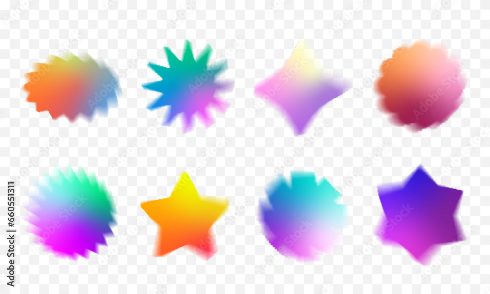 Blurry sun starburst shapes set with aura effect. Colorful price offer stars decorative holographic gradient elements collection. Trendy distressed abstract banners vector templates bundle Isolated Blurry sun starburst shapes set with aura effect. Colorful price offer stars decorative holographic gradient elements collection. Trendy distressed abstract banners vector templates bundle Isolated